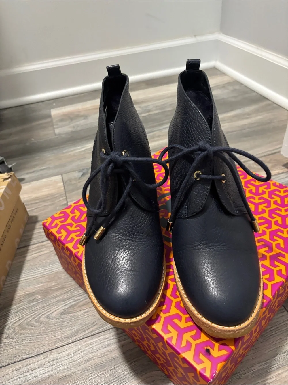 Tory Burch Black Leather Lace-Up Ankle Boots with Tan Sole